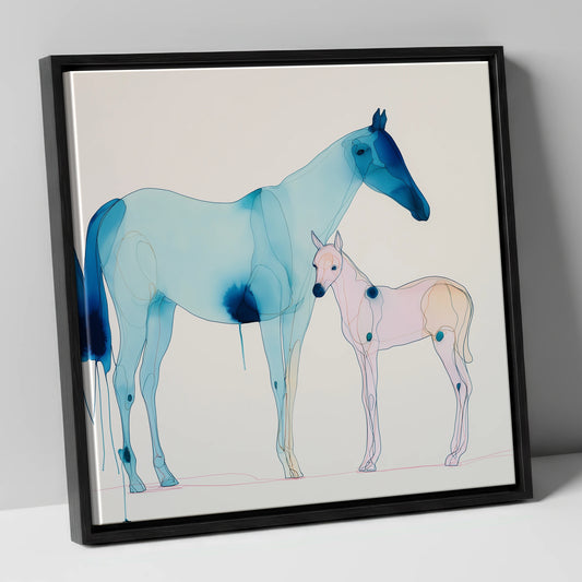 Cerulean Bond mare & foal canvas wall art in black frame