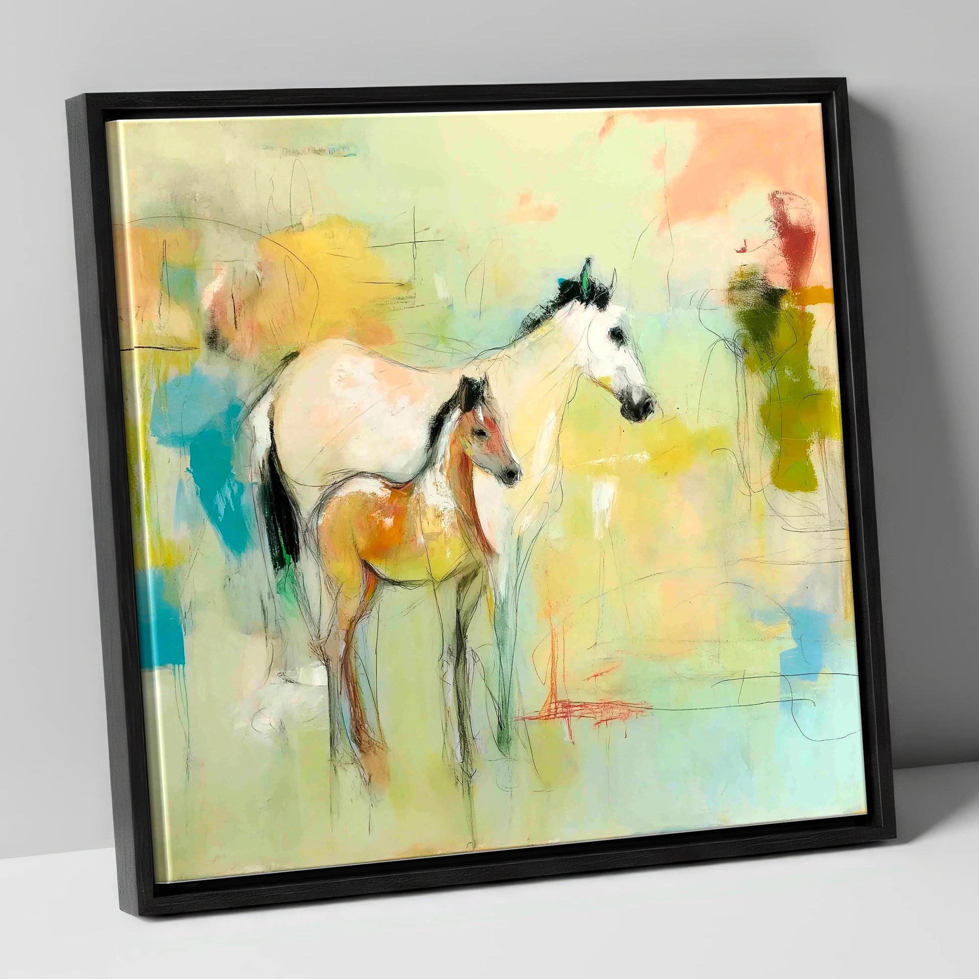 Ethereal Mare and Foal mare & foal canvas wall art in black frame