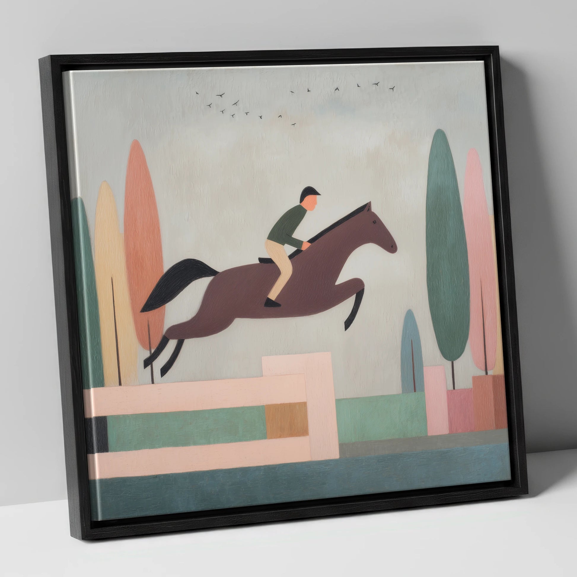 Nostalgic Clear Round show jumping horse canvas wall art in black frame