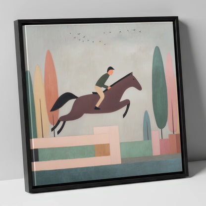 Nostalgic Clear Round show jumping horse canvas wall art in black frame