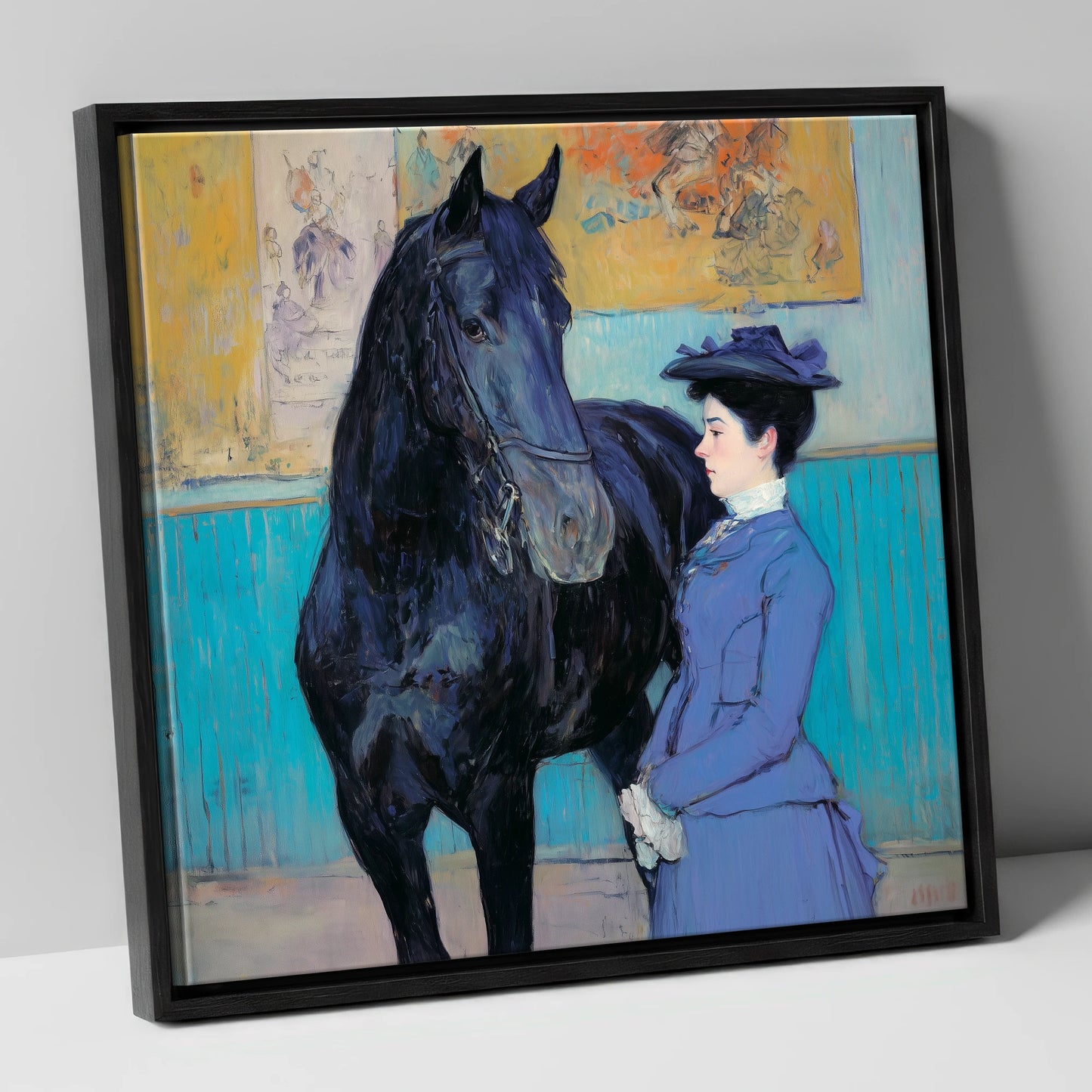 Elegant Acquaintance horse & rider canvas wall art in black frame