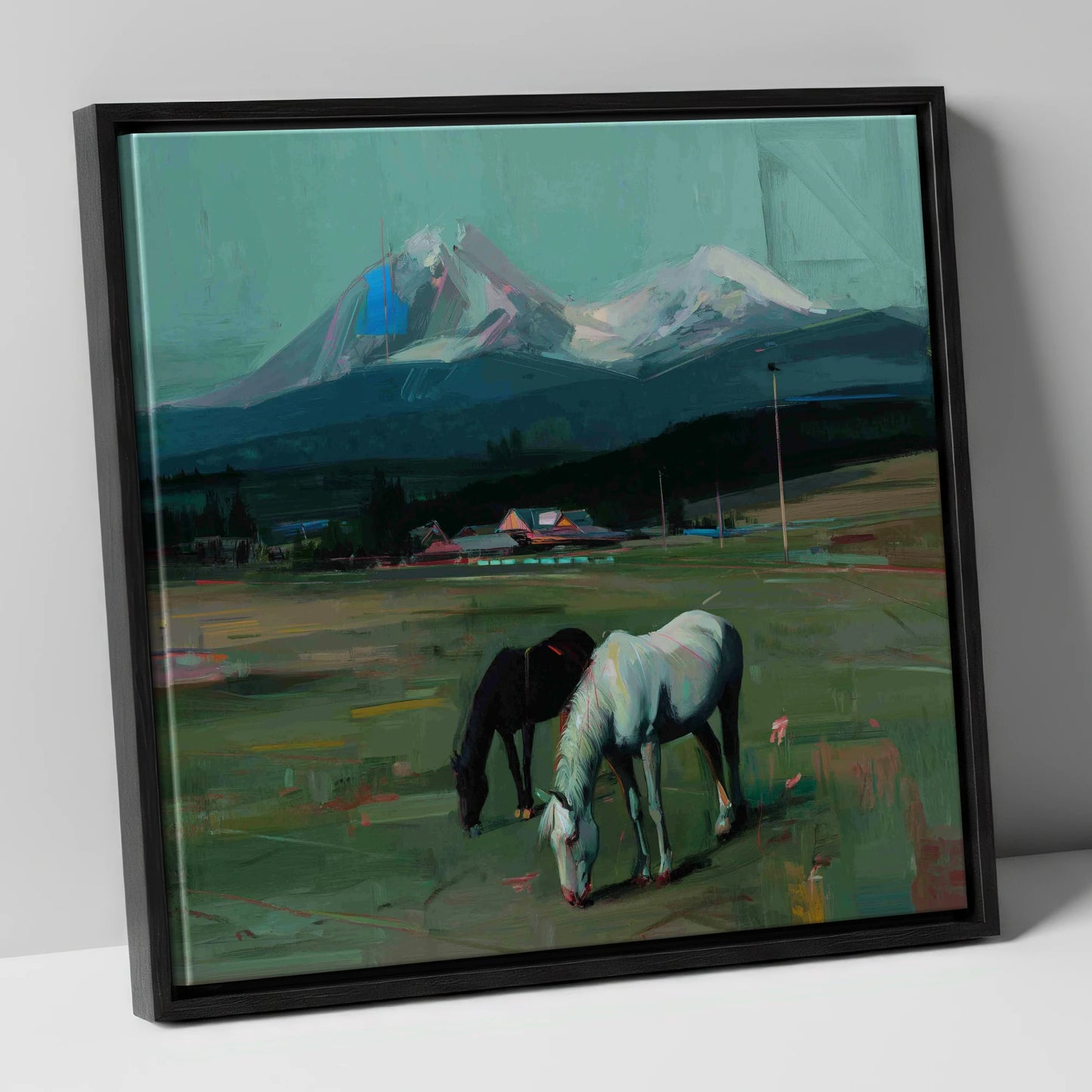 Companions Beneath the Peak horse landscape canvas wall art in black frame