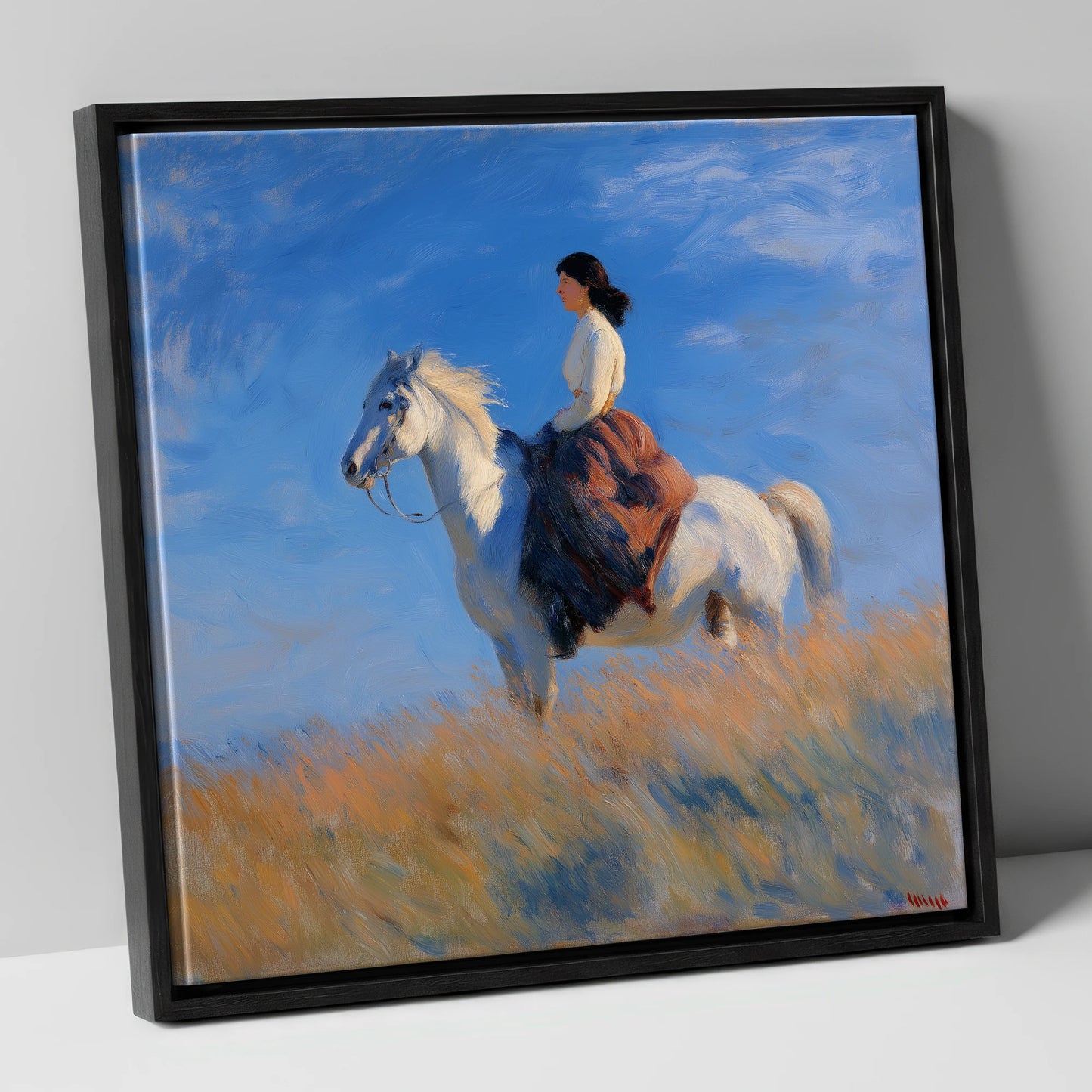 Across the Golden Fields horse & rider canvas wall art in black frame