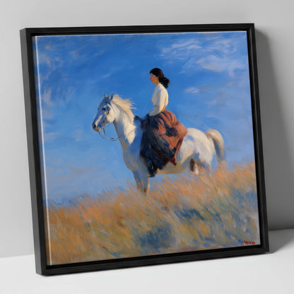 Across the Golden Fields horse & rider canvas wall art in black frame