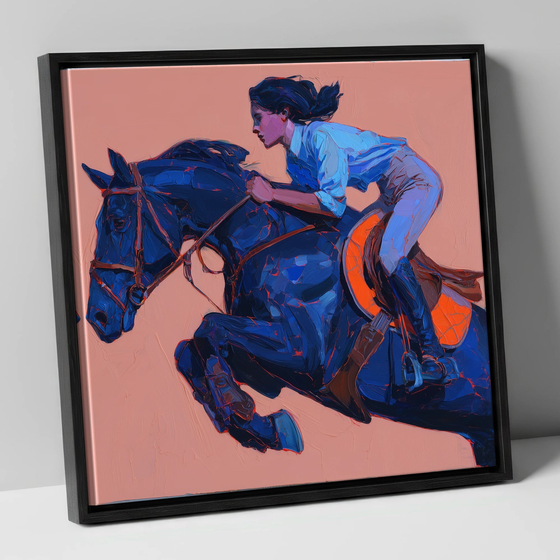 Indigo Flight show jumping horse canvas wall art in black frame
