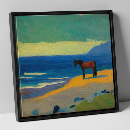 Azure Shoreline Stillness horse landscape canvas wall art in black frame