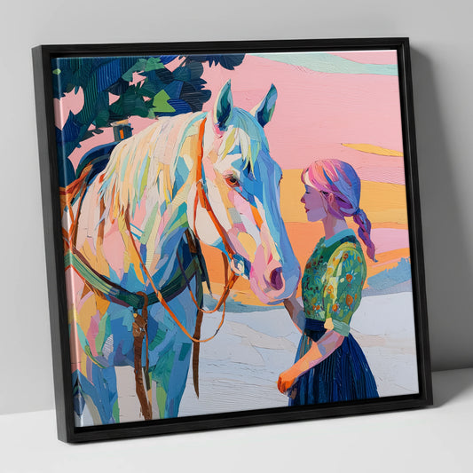 Vibrant Sunset Connection horse & rider canvas wall art in black frame