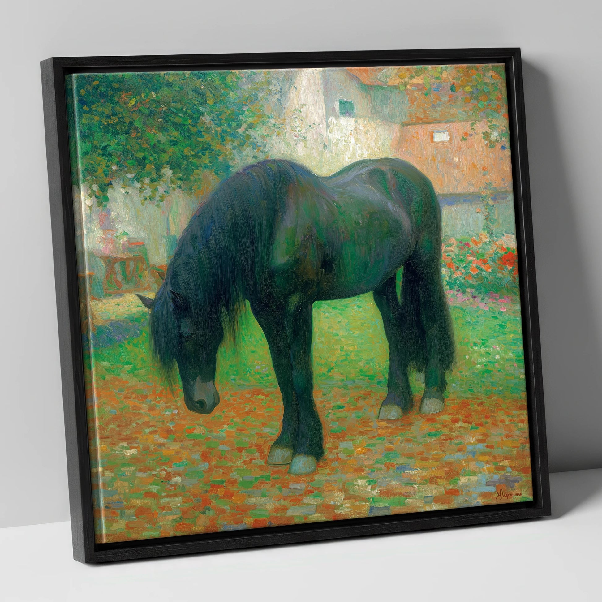 The Sunlit Draught horse breed canvas wall art in black frame