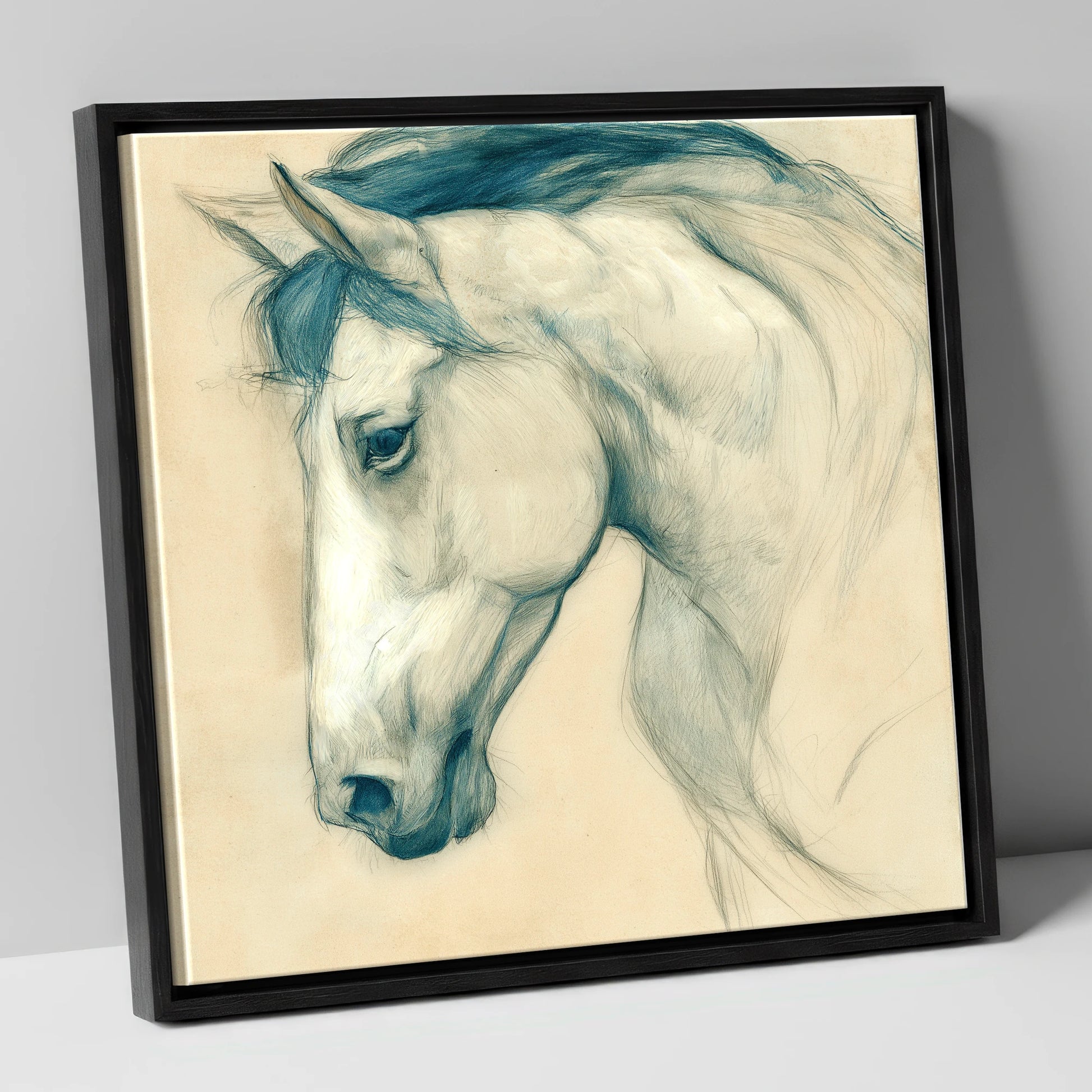 Quiet Grey Profile horse portrait canvas wall art in black frame
