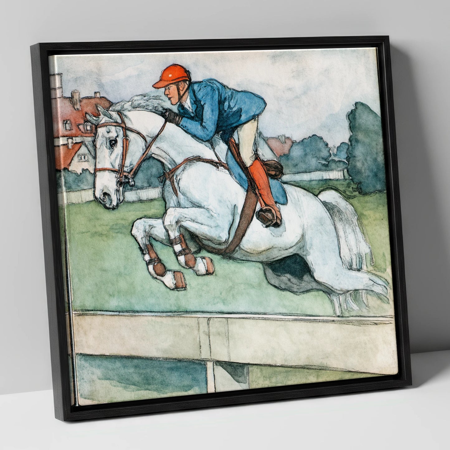 Clearing the Timber show jumping horse canvas wall art in black frame
