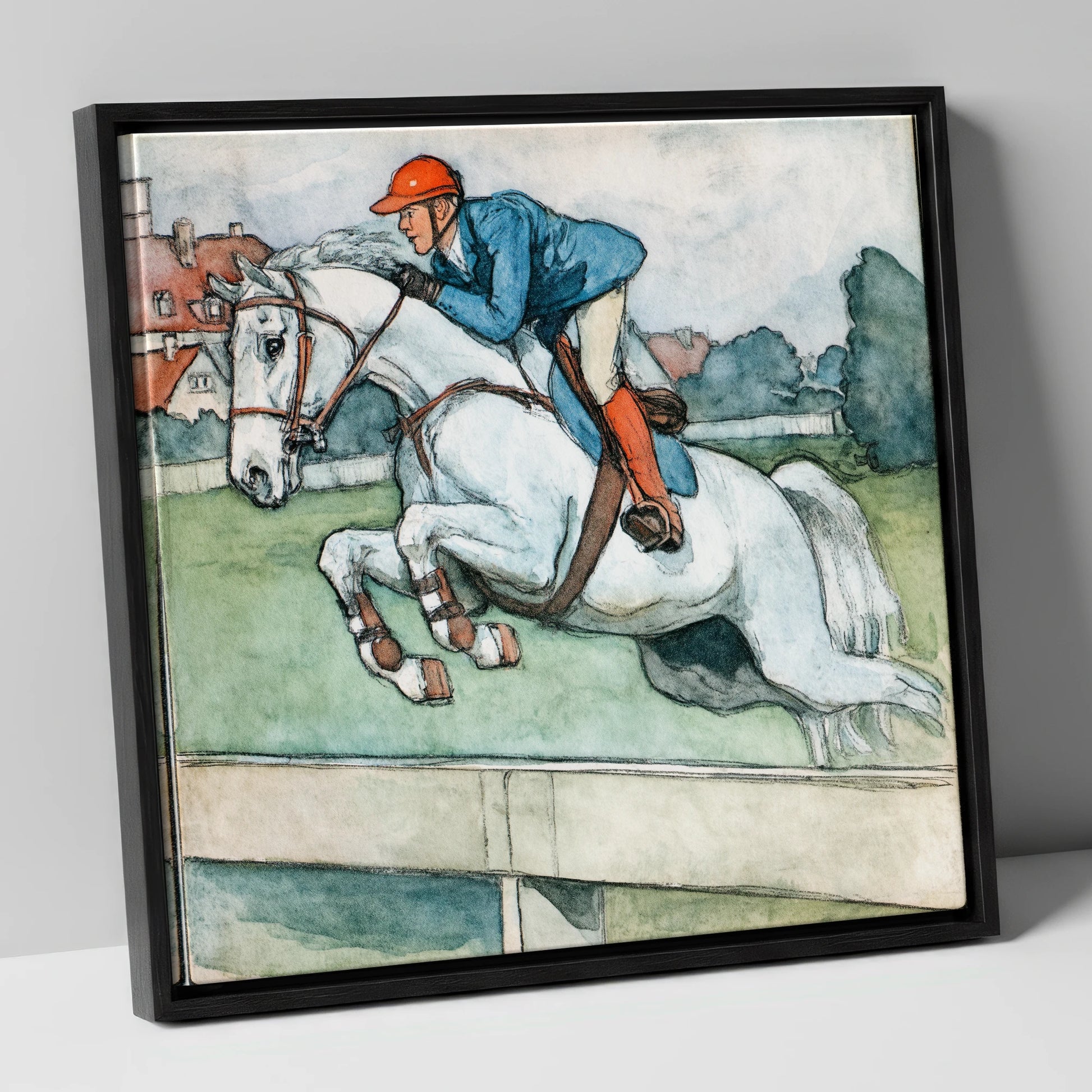 Clearing the Timber show jumping horse canvas wall art in black frame