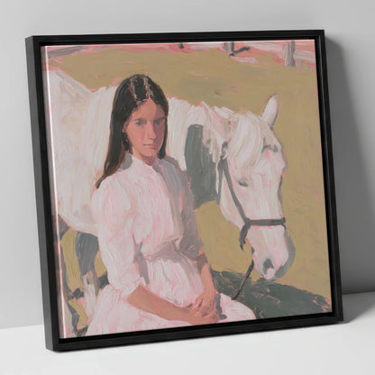 Pastel Companionship horse & rider canvas wall art in black frame