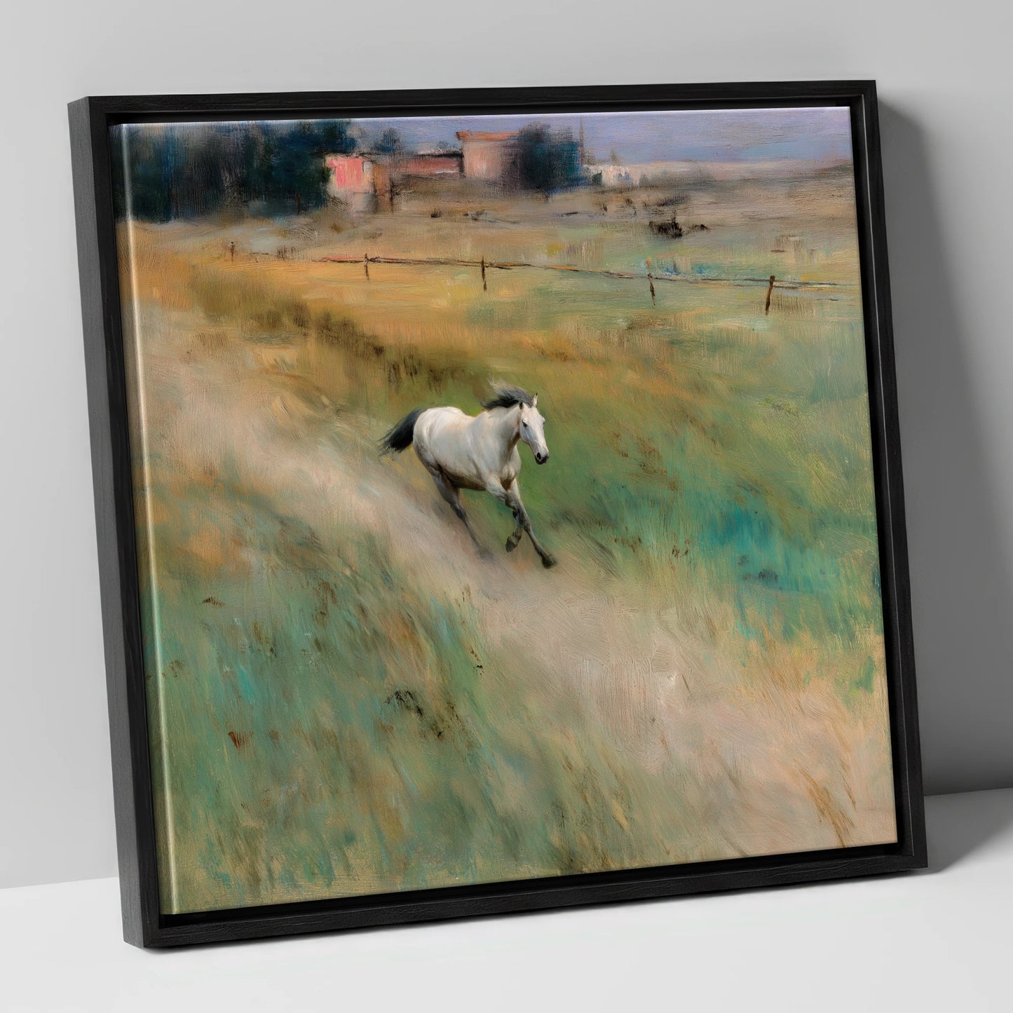 Morning Canter across the Lowlands horse landscape canvas wall art in black frame