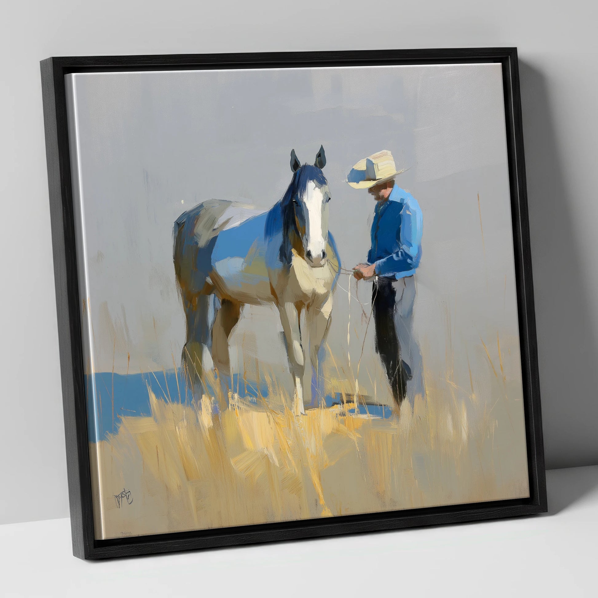 Sunlit Partnership horse & rider canvas wall art in black frame