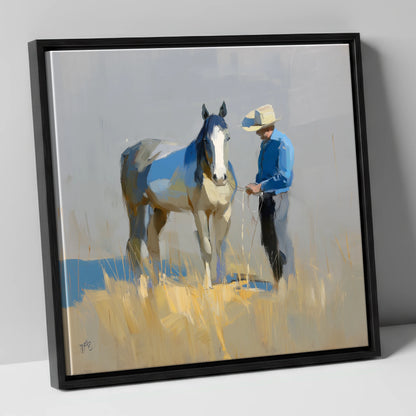 Sunlit Partnership horse & rider canvas wall art in black frame