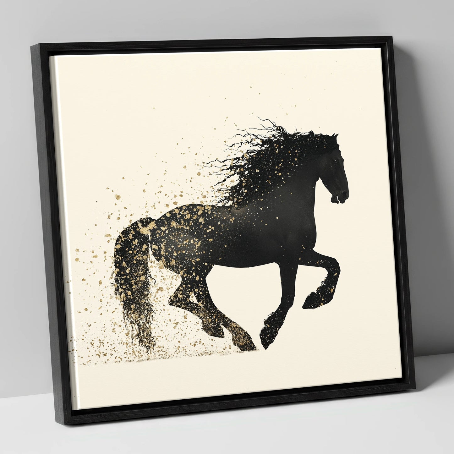 Midnight Gold Friesian horse breed canvas wall art in black frame