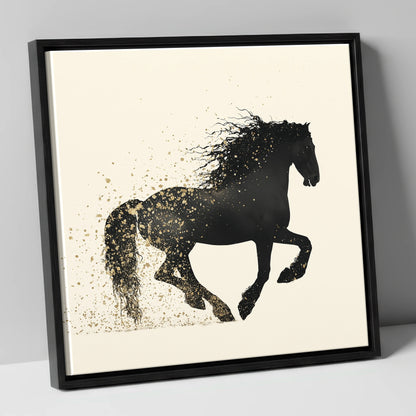 Midnight Gold Friesian horse breed canvas wall art in black frame
