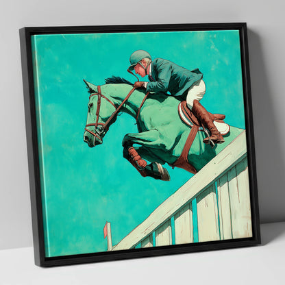 Teal Showjumper show jumping horse canvas wall art in black frame