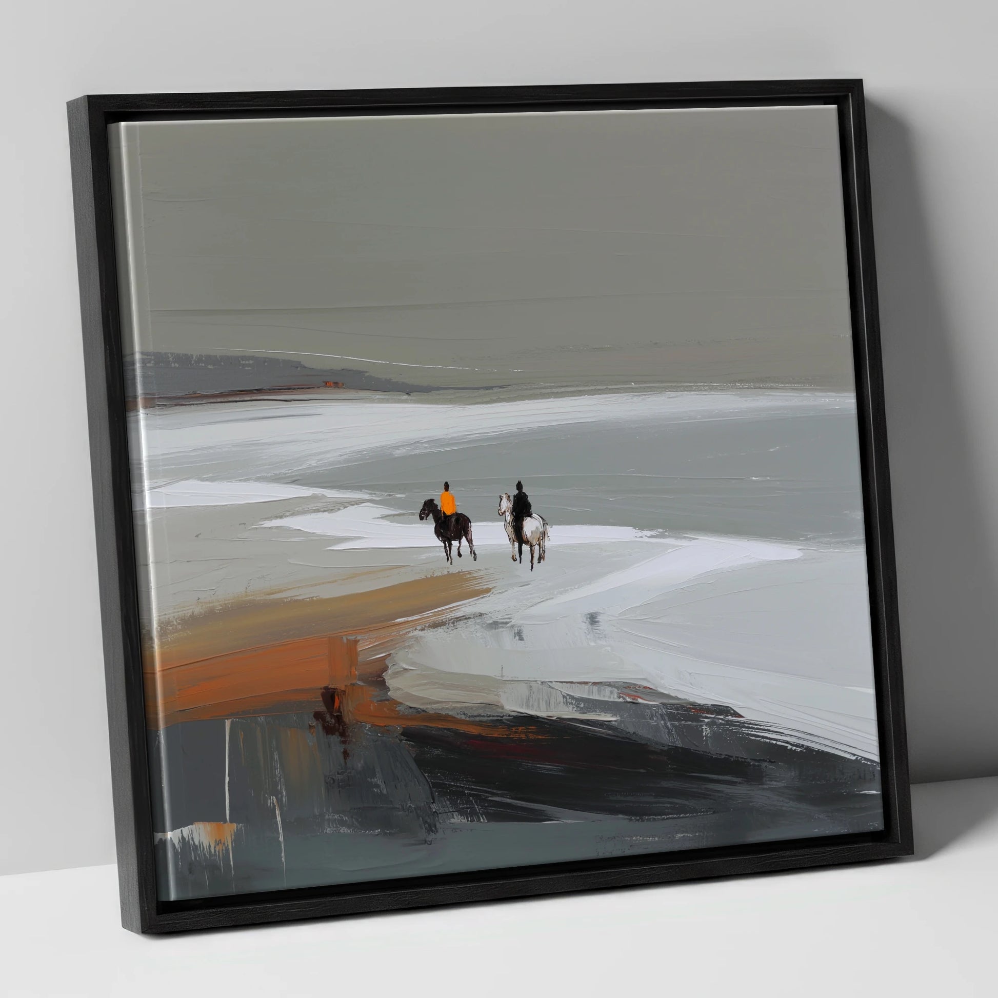 Riding the Grey Expanse horse landscape canvas wall art in black frame