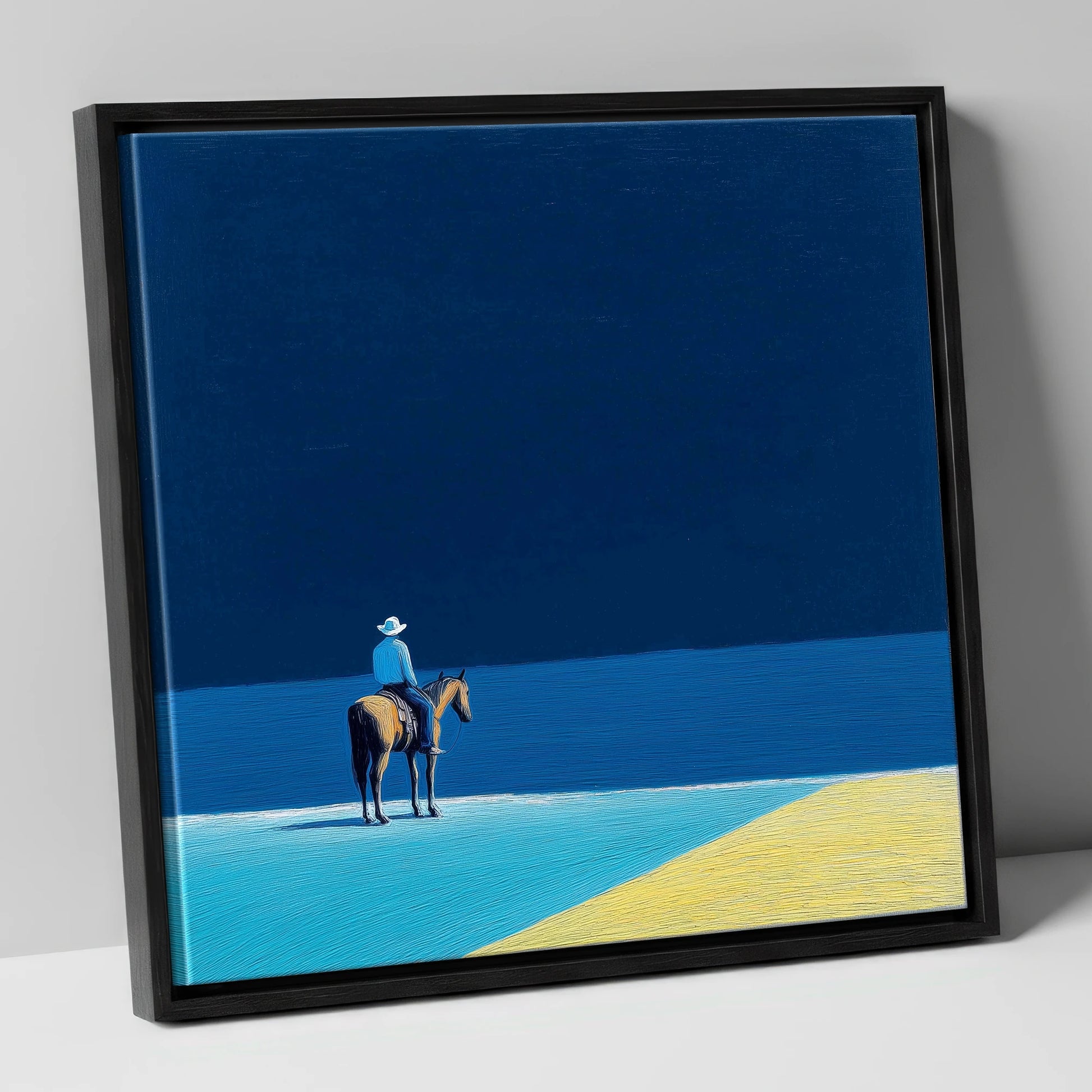 The Vast Blue beach horse canvas wall art in black frame