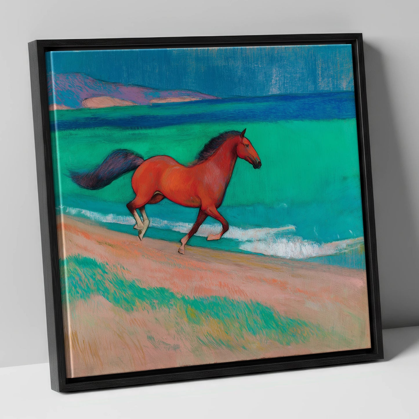 Crimson Coastal Canter horse landscape canvas wall art in black frame