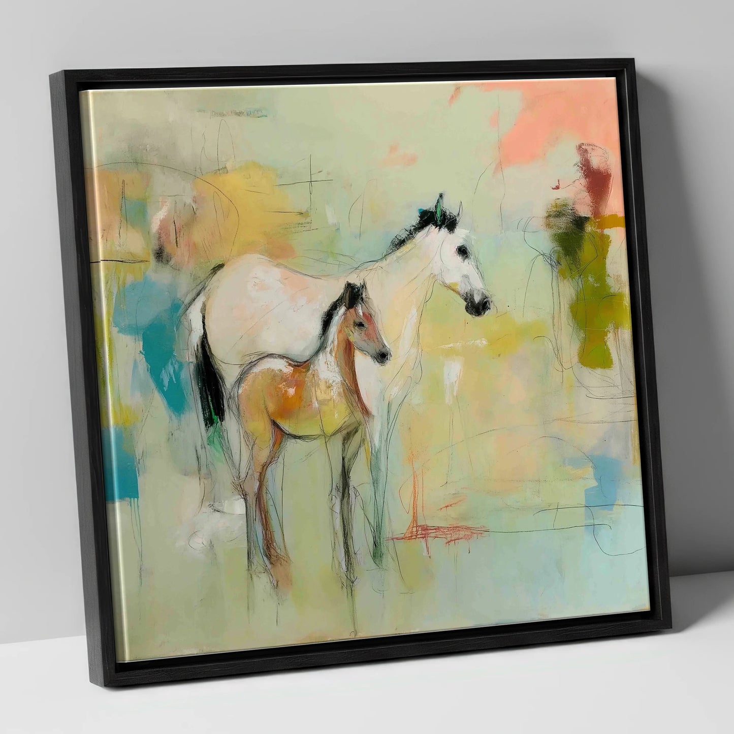Ethereal Mare and Foal mare & foal canvas wall art in black frame