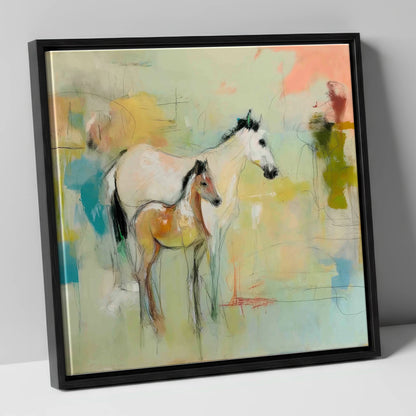 Ethereal Mare and Foal mare & foal canvas wall art in black frame