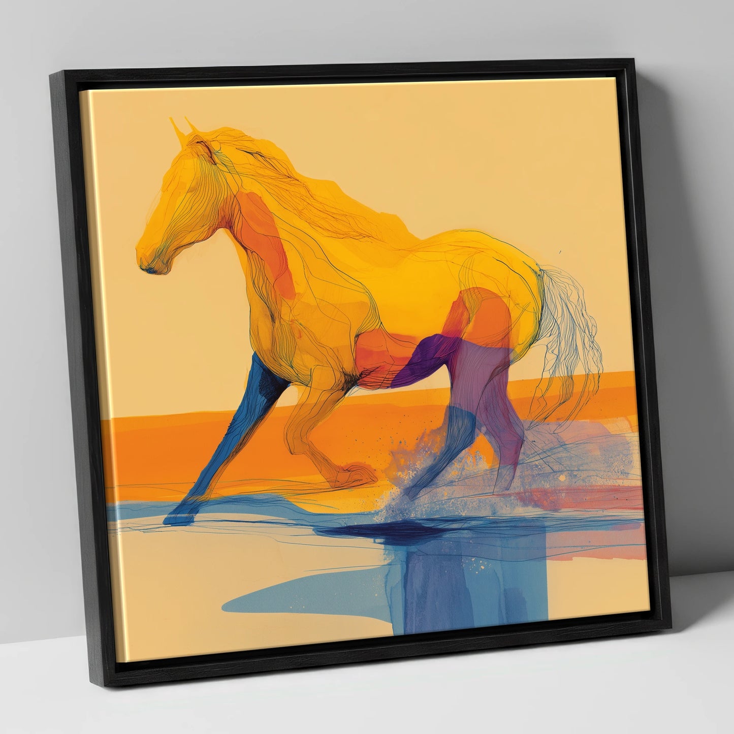 Vibrant Coastal Canter beach horse canvas wall art in black frame