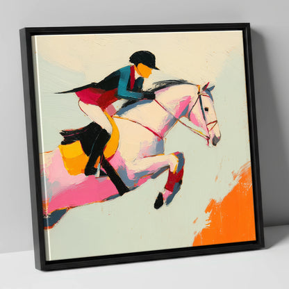 Technicolour Showjumper show jumping horse canvas wall art in black frame
