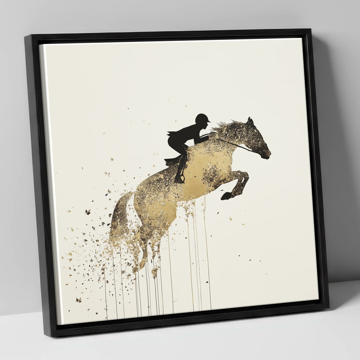 Airborne Gold show jumping horse canvas wall art in black frame