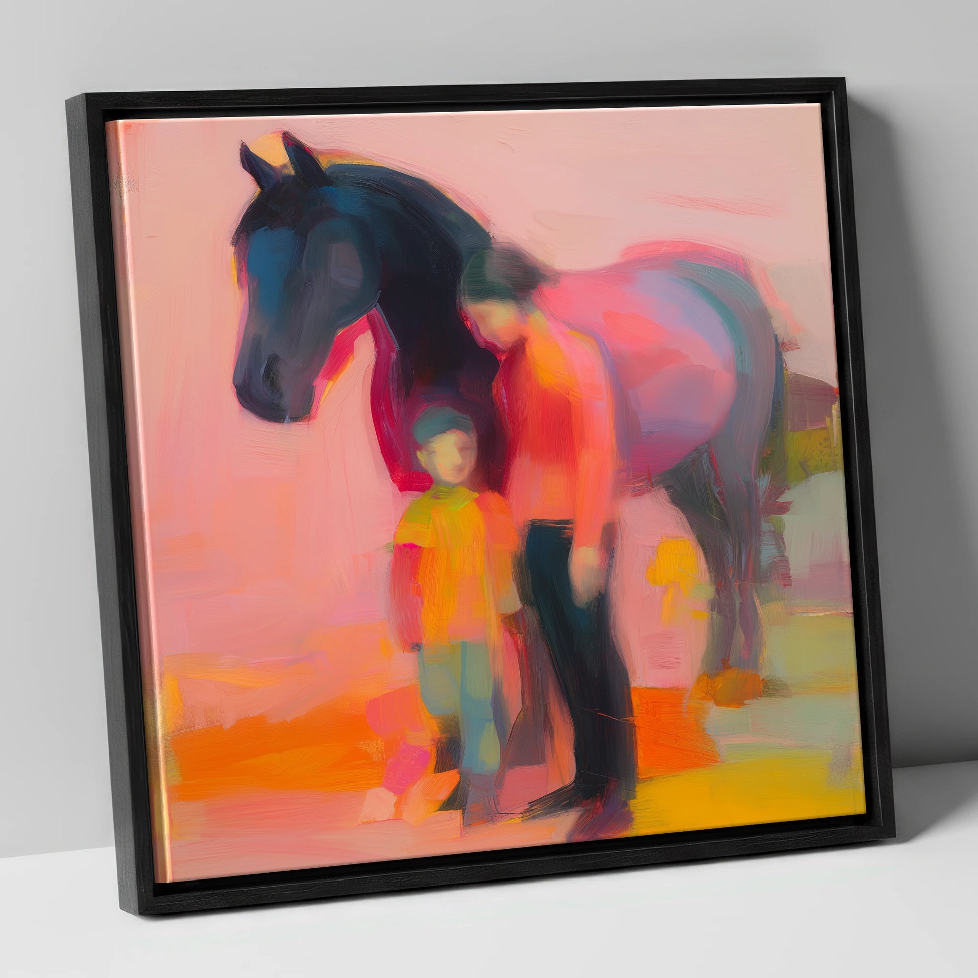 A Vibrant Bond horse & rider canvas wall art in black frame