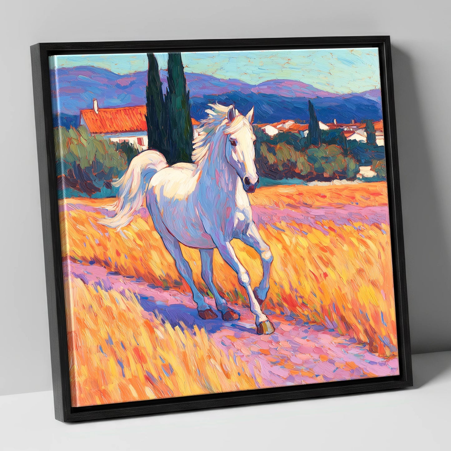 Sunlit Provincial Grey horse breed canvas wall art in black frame
