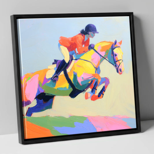 Chromatic Showjumper show jumping horse canvas wall art in black frame