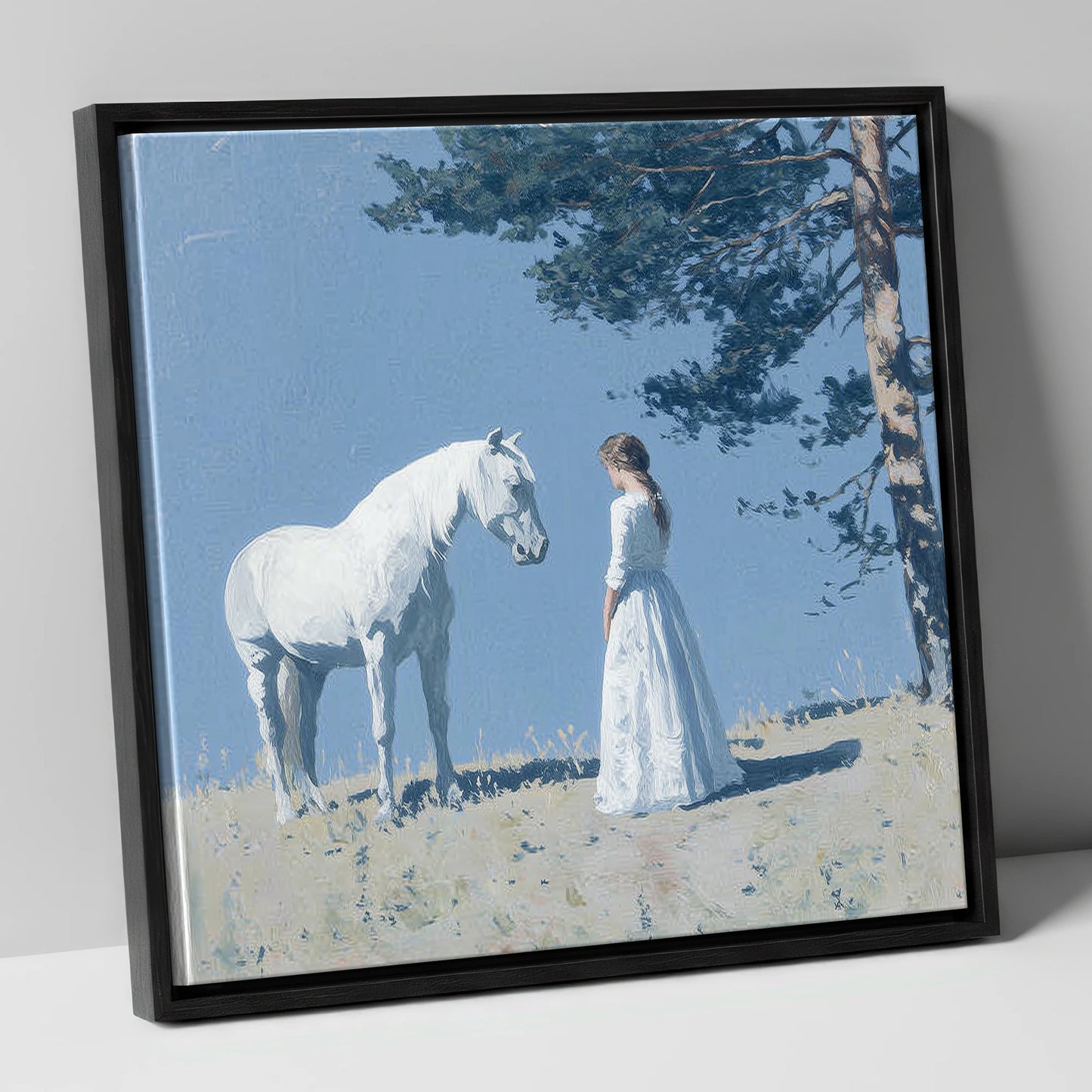 Beneath the Summer Pine horse & rider canvas wall art in black frame