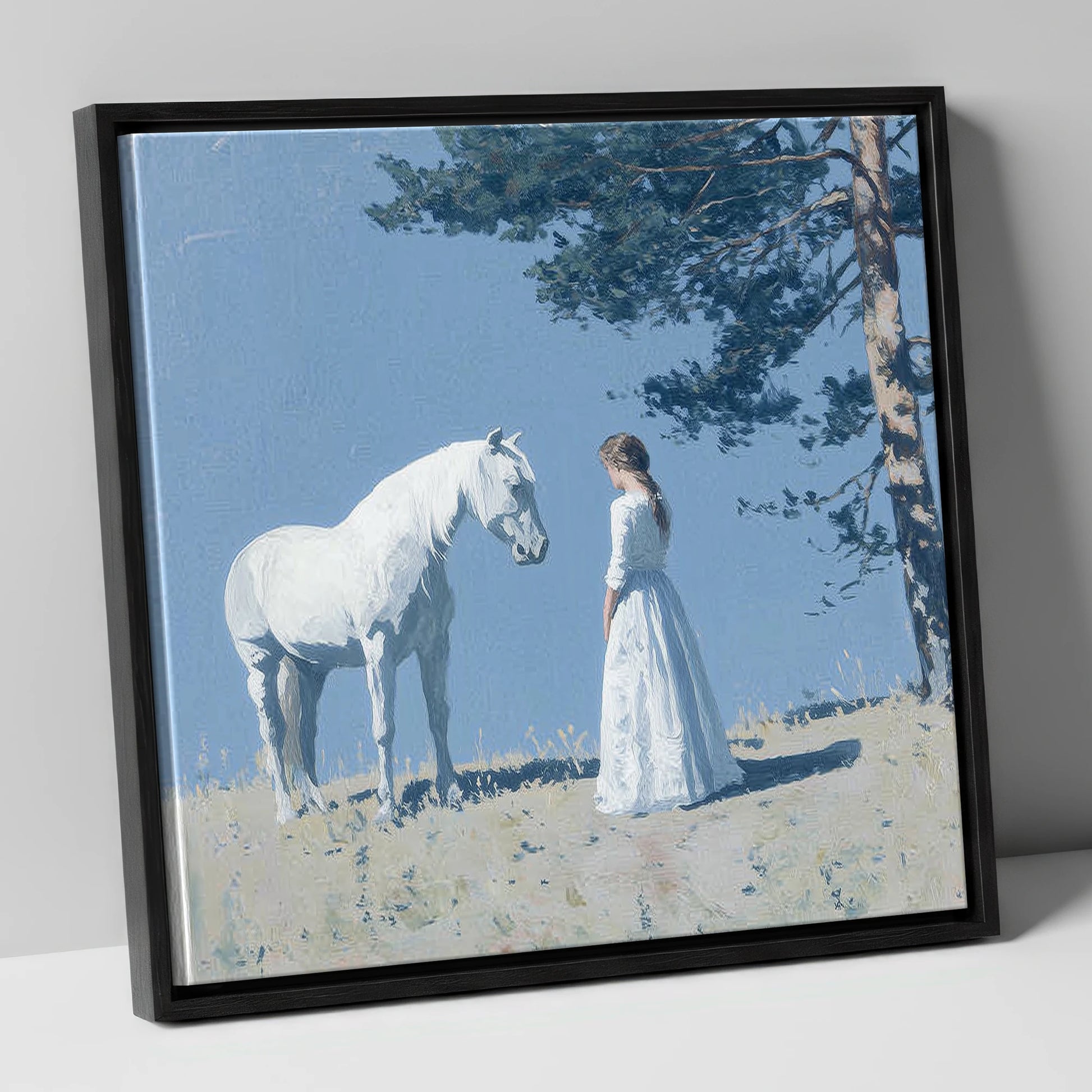 Beneath the Summer Pine horse & rider canvas wall art in black frame