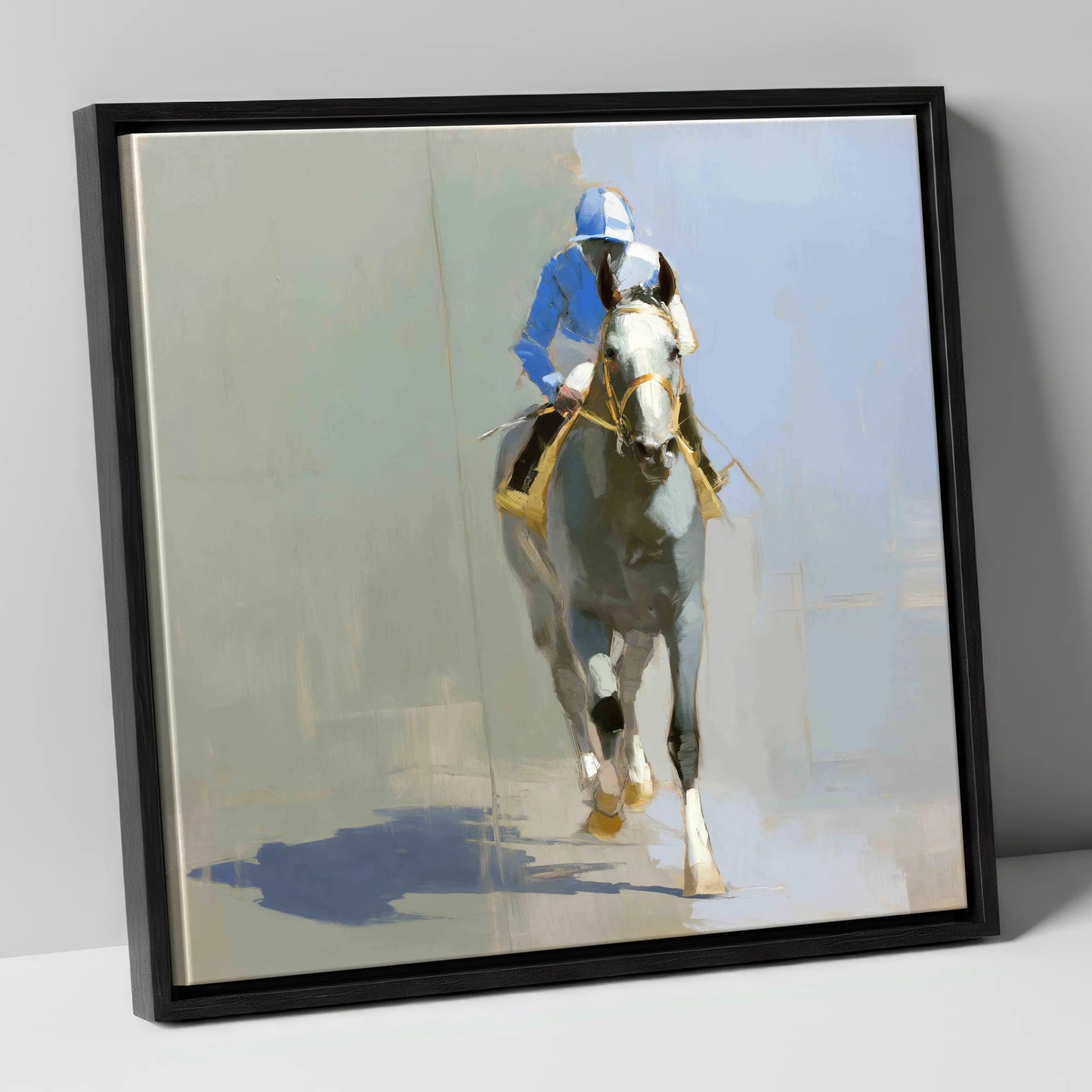 The Grey Challenger racing horse canvas wall art in black frame