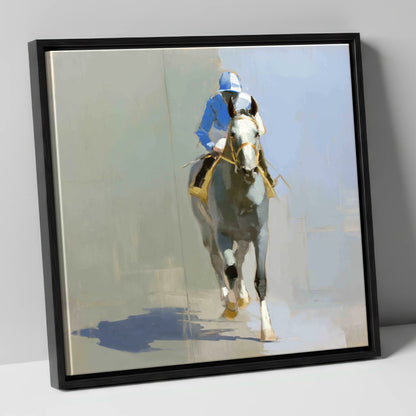 The Grey Challenger racing horse canvas wall art in black frame