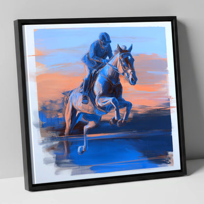 Cobalt Flight show jumping horse canvas wall art in black frame