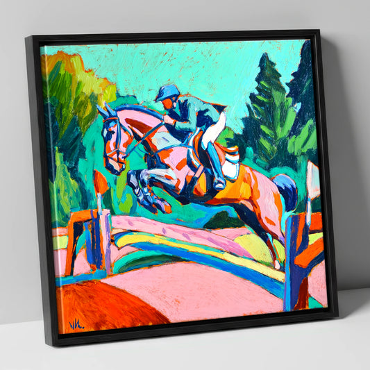Technicolour Flight show jumping horse canvas wall art in black frame