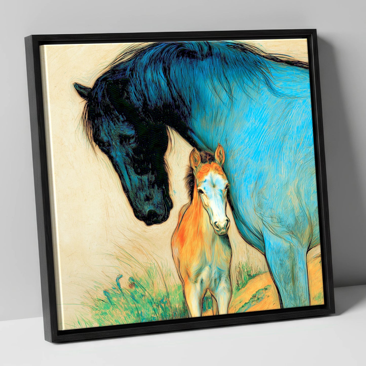 Vivid Devotion mare & foal canvas wall art in black frame
