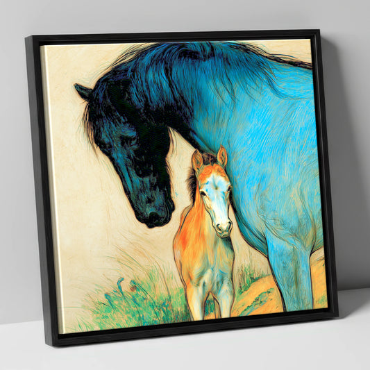 Vivid Devotion mare & foal canvas wall art in black frame