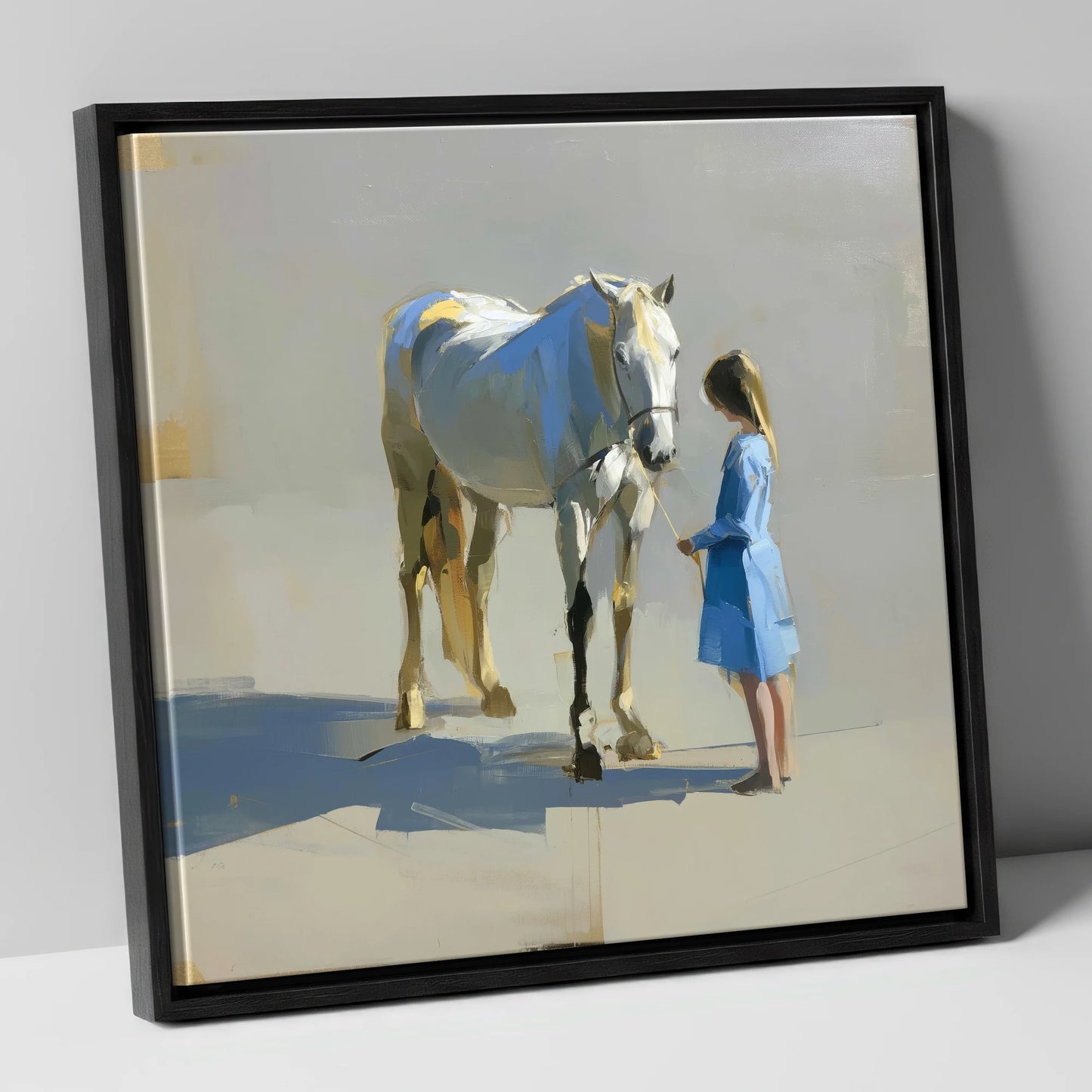 Sunlit Connection horse & rider canvas wall art in black frame