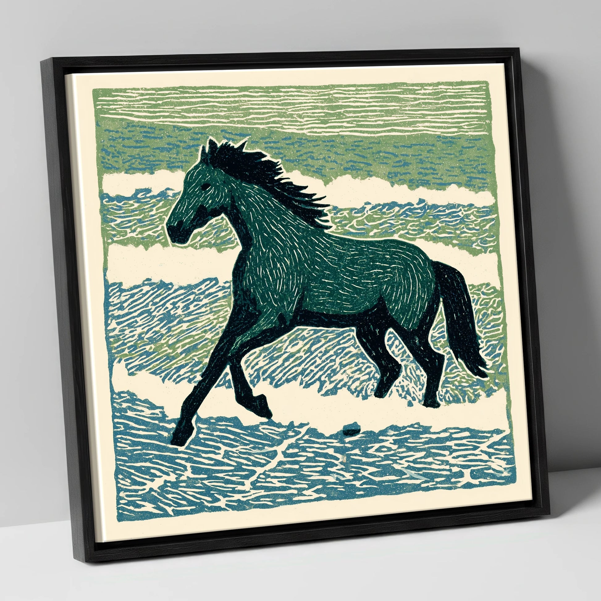 Surf and Stride beach horse canvas wall art in black frame