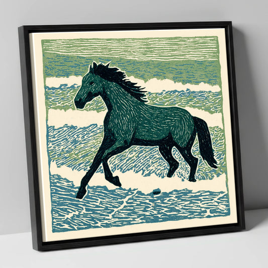 Surf and Stride beach horse canvas wall art in black frame