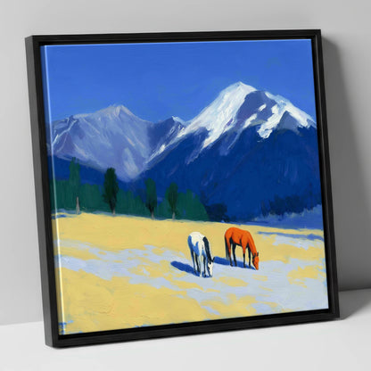Azure Peaks and Golden Grazing horse landscape canvas wall art in black frame