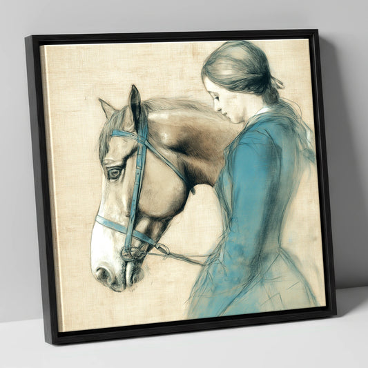 The Silent Bond horse & rider canvas wall art in black frame