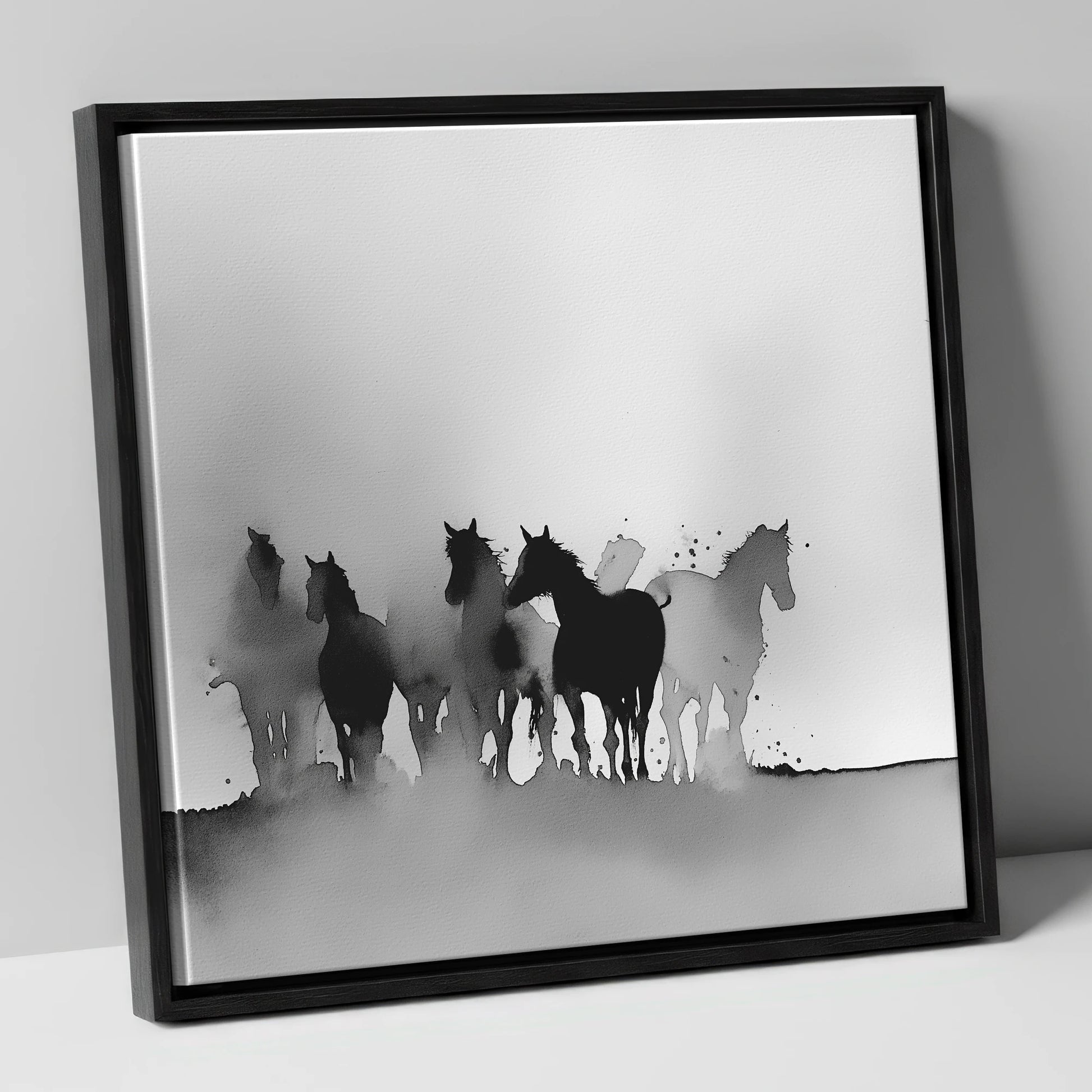 Ethereal Herd Silhouettes wild horses canvas wall art in black frame