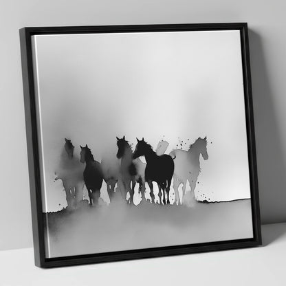 Ethereal Herd Silhouettes wild horses canvas wall art in black frame