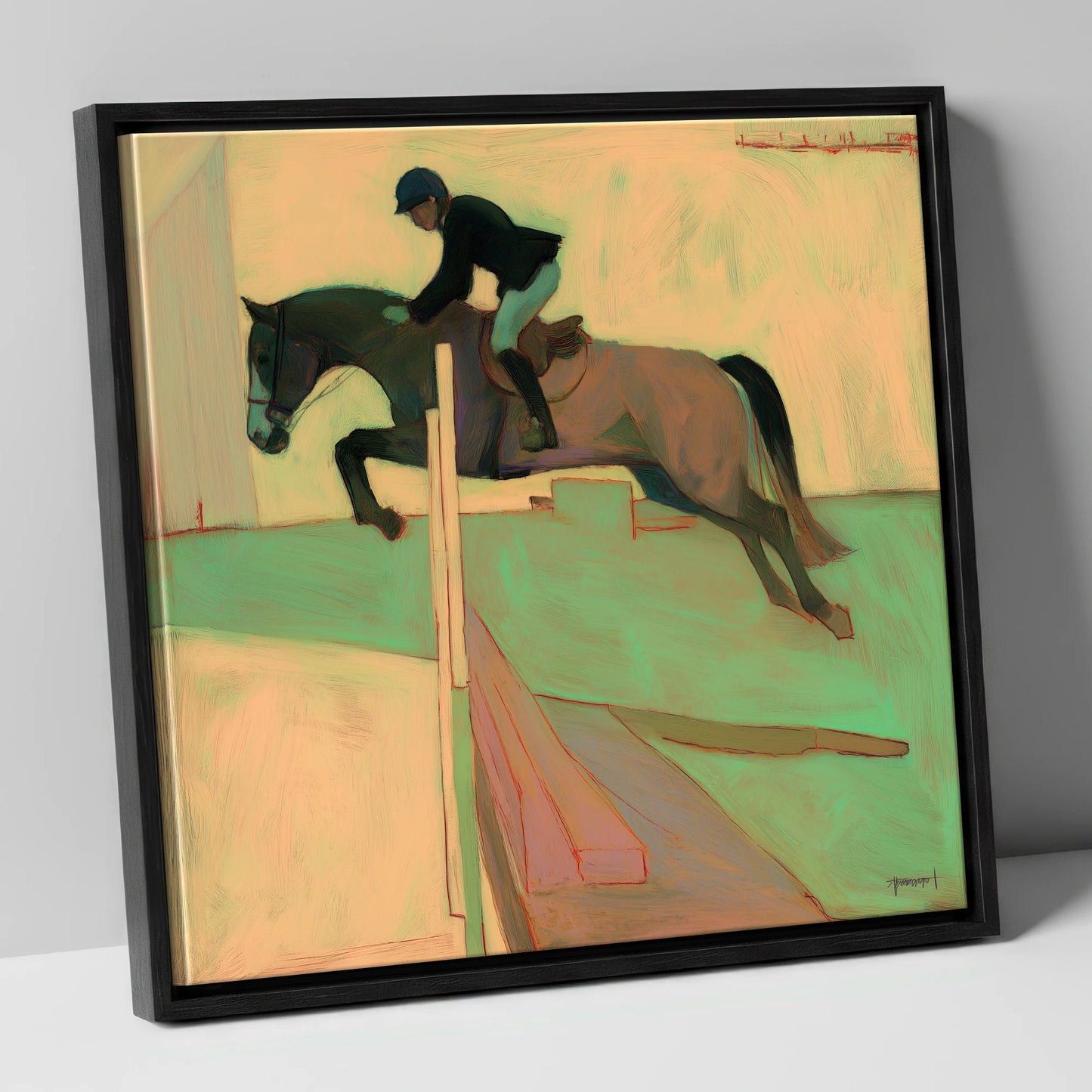 Flight and Form show jumping horse canvas wall art in black frame