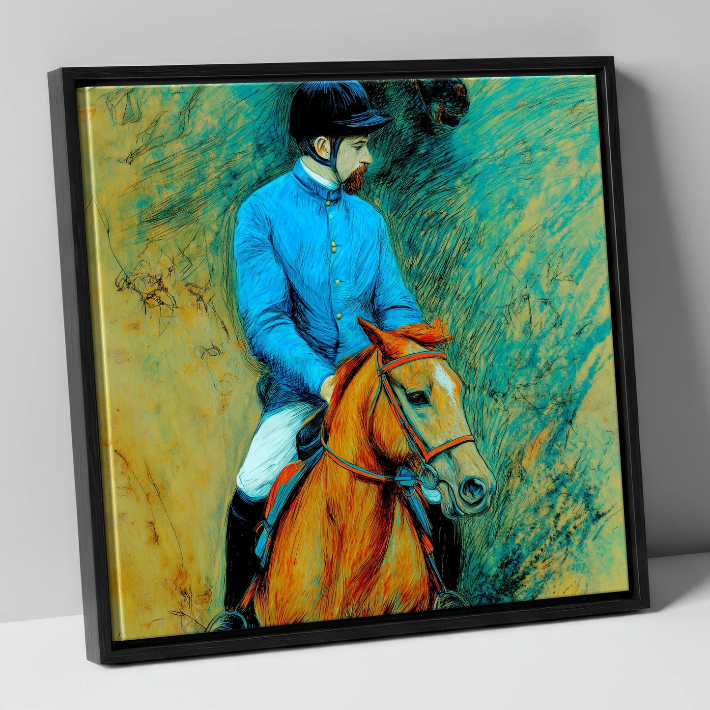 The Cerulean Jockey racing horse canvas wall art in black frame